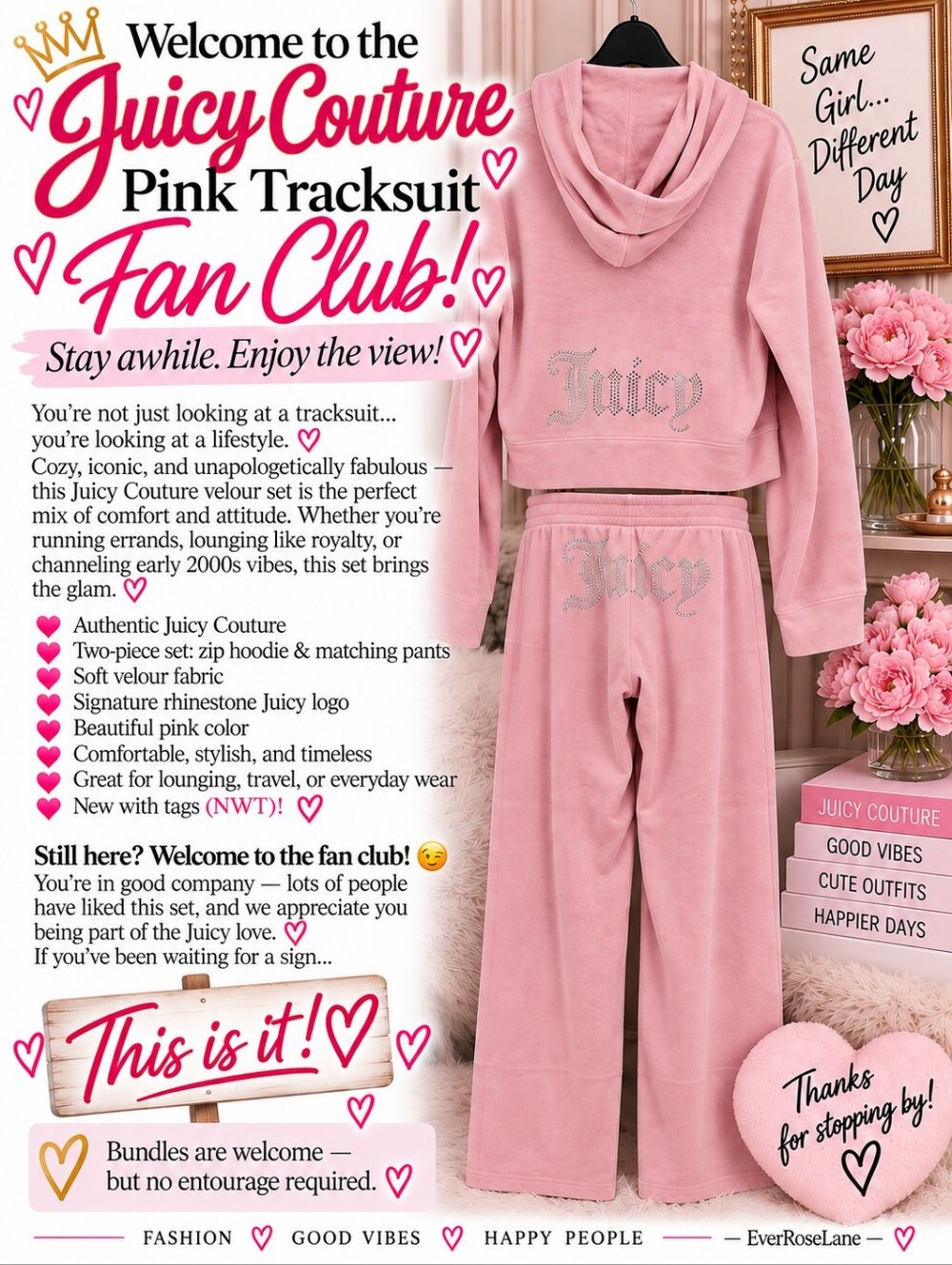 Juicy Couture Pink Velour Tracksuit Hoodie Wide Leg Pants Lounge Y2K XL NWT